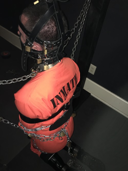 seabondagesadist:  The prisoner came to visit for some heavy bondage and captivity. After processing he found himself in orange, tape gagged, muzzled, shackled, mittens, chained and strapped in heavy bondage for several hours… 