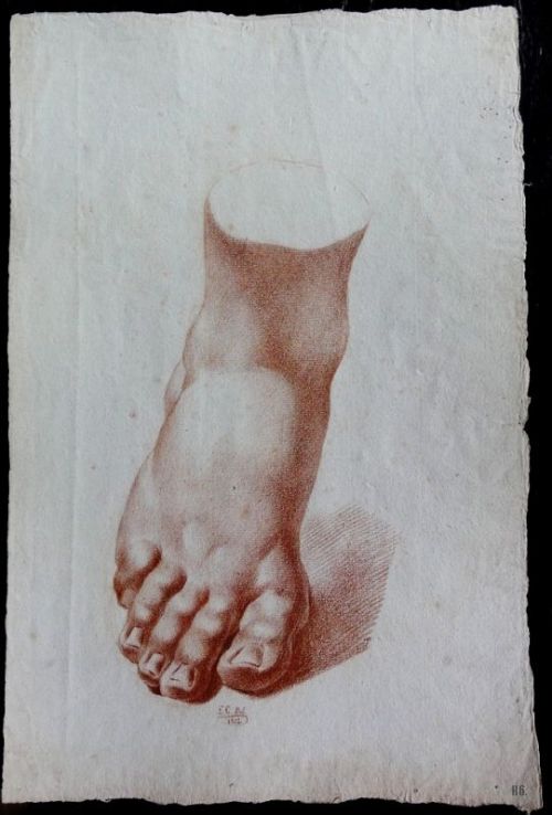 19th. century academic studies. (body parts). dated 1802. monogrammed  L.C.   red crayon on paper.  