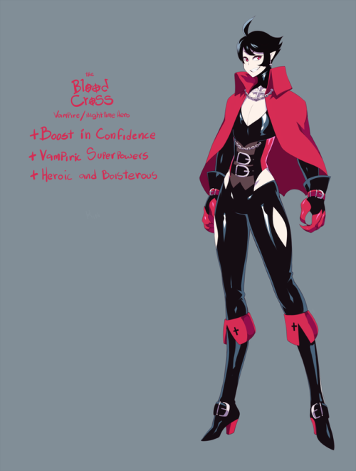 kittbetelgeuse:  After fiddling around with his design for a long time, Here it is! Bertrand is a detective who acquires vampiric powers! The most reasonable thing to do is to become a (sexy and fashionable?) superhero!Bertrand Noir/The Blood Cross ©