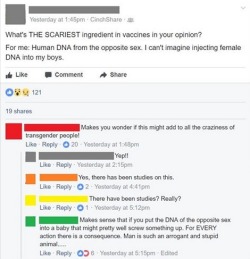dogslug:  shithowdy: johnniewaswolf:  bogleech:  the latest evil secret of vaccines: mutant transgender potion not my screenshot, I never would have protected these names   h o l y s h i t  if you cannibalize people of your preferred sex you’ll transition