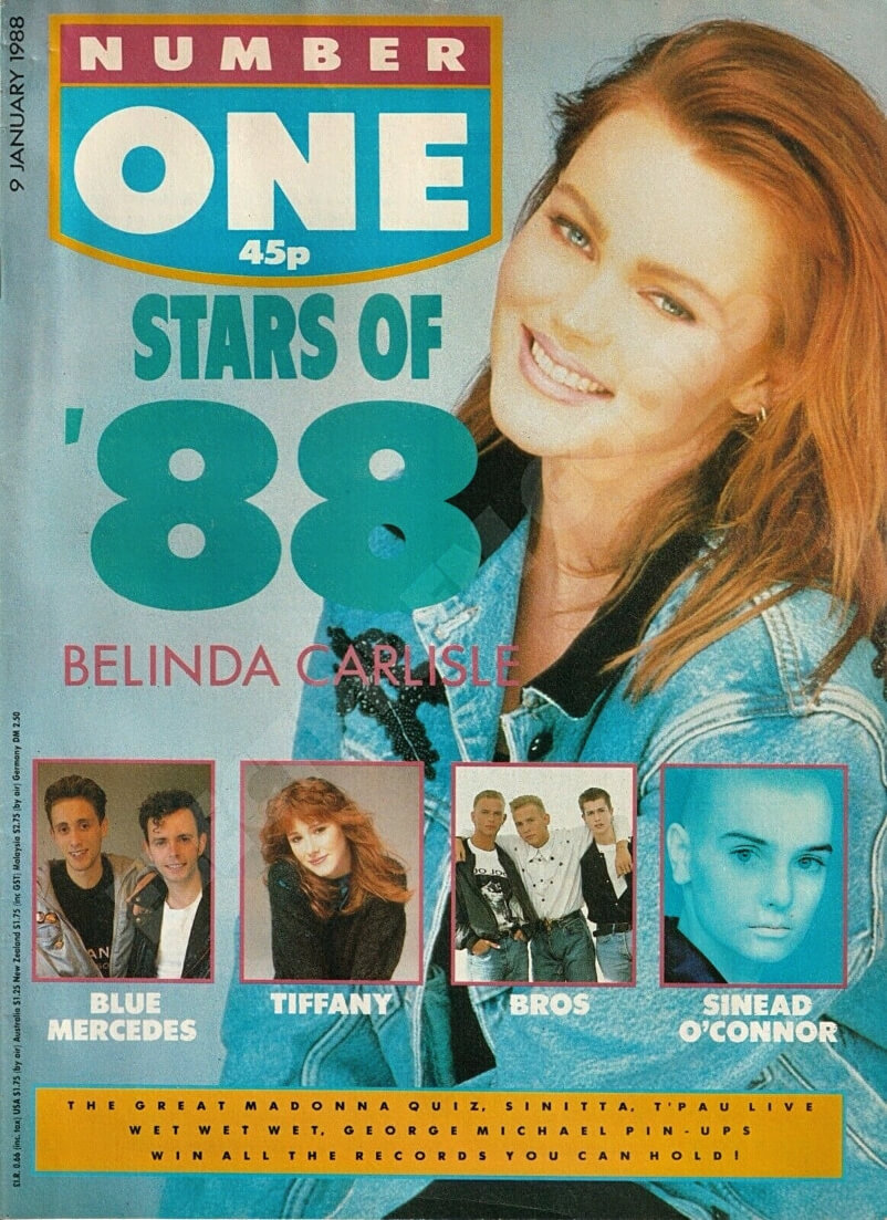 <p>Number One magazine (9 Jan 1988) “Stars of ‘88″ ft. Belinda Carlisle, Blue Mercedes, Tiffany, Bros and Sinead O’Connor.</p>