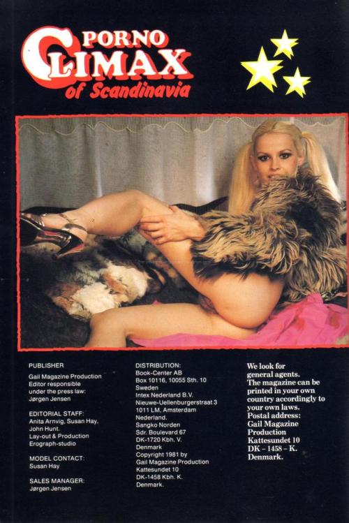 A furry pigtailed Morgane, decorating the colophon (inside cover) of Porno Climax of Scandinavia (Denmark, 1981), published by Gail magazines.