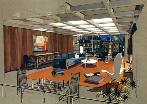 “The Playboy House: Posh Plans for Exciting Urban Living”. From PLAYBOY magazine, May 1962. Art by H