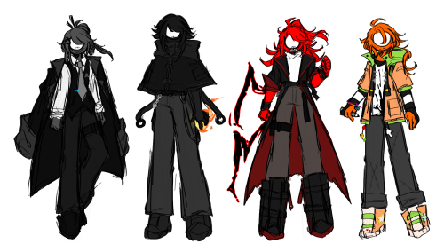VICTIM: Nothing too notable here, just that the right side of their front bangs isn't long enough to be tied back, while the left side is long enough, and you can sorta see it looping back.
CHOSEN: THIS IS THEIR SEASON 3 DESIGN BTW, I forgot to write that down. Anyway, it's hard to tell, but they have fingerless gloves on. Also, you would never be able to see this anyway, but if you did bother to check these design notes, congrats! You get the snippet of information that Chosen has a shackle permanently on their left (our right) leg from the ball and chain, they just cover it all the time. :)
DARK: THIS IS THEIR SEASON 2 DESIGN. Anyway, the little tendril thingies don't spawn until they use the Vira-band (and there's usually two more of them, I just couldn't have this fucker take up more space than they needed to). Also, there's a little tag thingy hanging off of one of their belt loops. Fun fact, it's a matching accessory with Chosen's S2 design.
SECOND: The stitches on their pants are from The Showdown, as well as the scars on their face. They have drawing gloves on both hands. On the "drawstrings" of their coat, are the tool icons from Flash (better diagram coming soon). Peep their shoe for a silly little detail :)