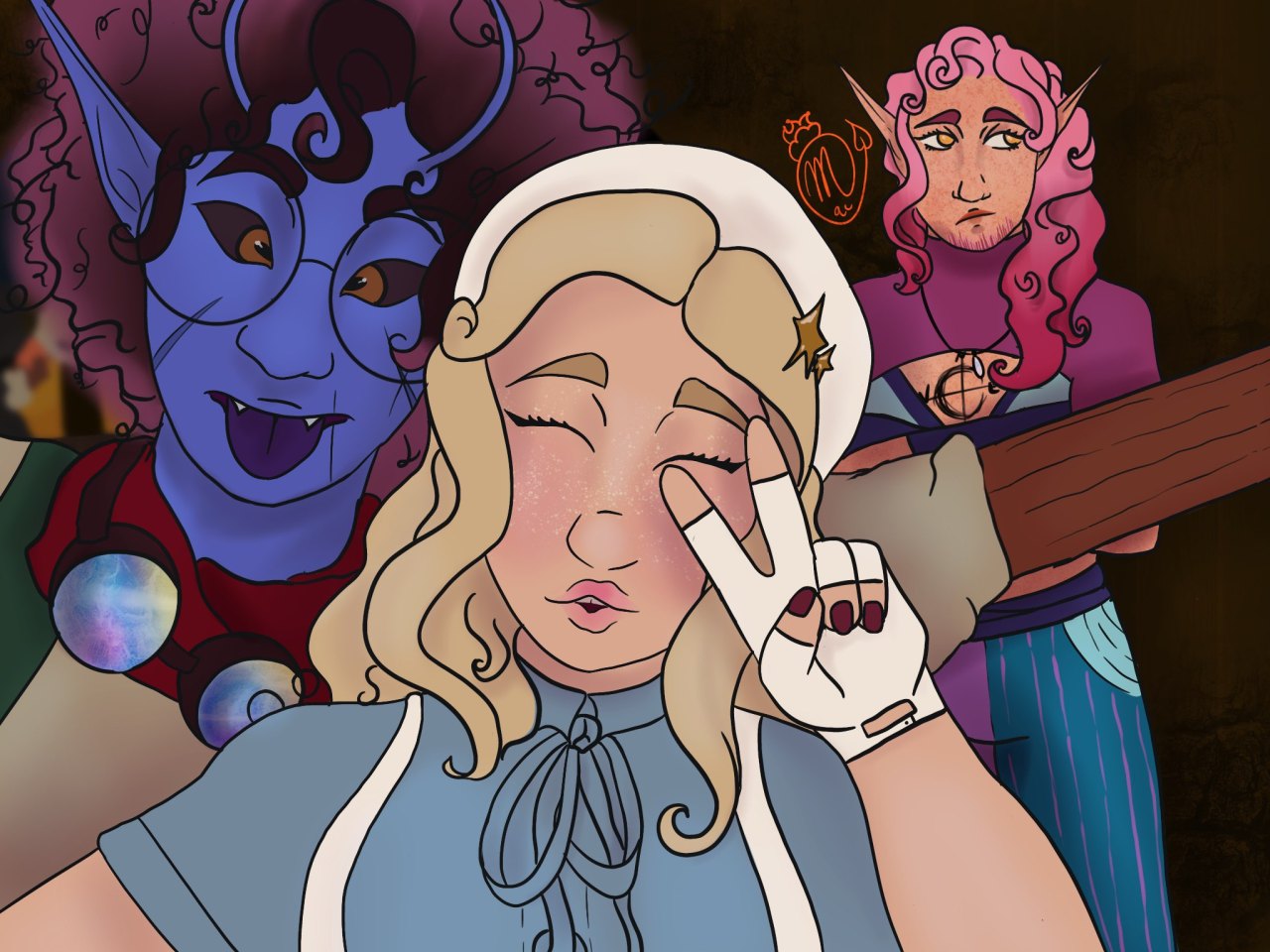 Hey hello we havea podcast. You should listen to it. Here you go.[Image ID:   Art of a selfie of three characters, an insectoid man with purple skin and magenta hair, a young, blonde human woman, and a pink haired elven person. The human woman is holding the camera, doing a peace sign, and the insectoid man is smiling behind her. In the background, the elven person has his arms crossed and is looking off to the side, slightly annoyed. End ID.] #dnd#dnd podcast#ttrpg#ttrpg podcast #mercenaries in retrograde #mercenaries pod#celeste tourmalia#algernon heart#simmon petaldae#disabled character #trans people making stuff #disabled representation#dnd art#dnd character#podcast#spotify #this is our official account by the way  #exciting times yall