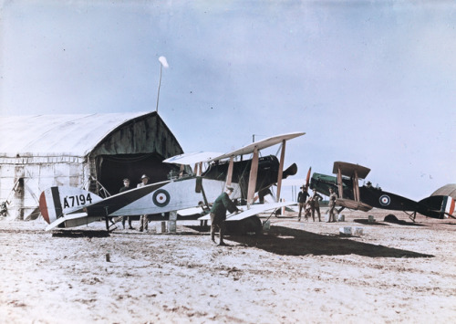 Photographer: Frank HurleyYear: 1917Location: PalestineDescription: Fighter planes parked outside th