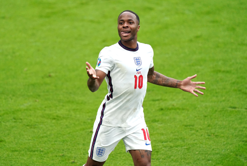 Raheem Sterling celebrates his goal during the match vs. Germany