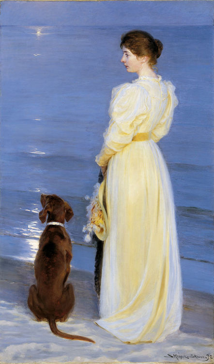 P.S. Krøyer - Summer Evening at Skagen. The Artist’s Wife and Dog by the Shore, 1892