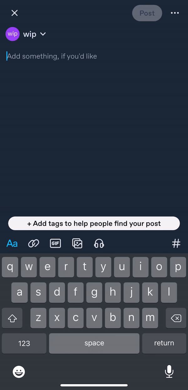 looping gif showing a user typing :readmore: in an empty post form in the ios app. they hit "return" and a read more break replaces the text in the post.