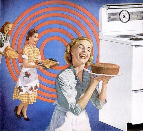 theniftyfifties:Domestic bliss, 1950s. A true stepford wife is happiest when she baked something gor