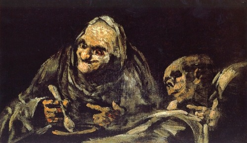 artist-goya:Two Old Ones Eating Soup / The Witchy Brew, 1823, Francisco GoyaMedium: oil,canvas