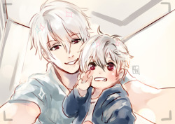 hachiimi:  Teaching son how to selfie. Another fast doodle. I use ref for this tho because fk hand.Zen with Jin-sun Ryu! Thanks anon for the suggestion~