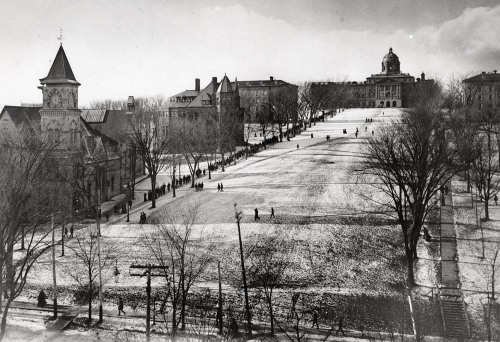 Students walk along a snowy Bascom  Hill. The old, domed Bascom Hall and the old Law School are visi