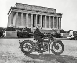 jimrmoore:  Sept. 15, 1937. “Although she weighs only 88 pounds — one-third of the machine she rides — Mrs. Sally Halterman is the first woman to be granted a license to operate a motorcycle in the District of Columbia. She is 27 years old and 4