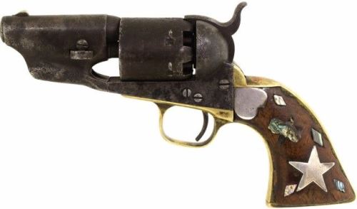 Cut down Colt Model 1861 “Avenger” with German silver and abalone hearts, stars, and diamonds. 