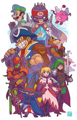 tinycartridge:  Bravely Default x Smash Bros. ⊟ That Dark Knight Samus is ridic. Arthur will be bringing this — basically a bunch of Nintendo characters with Bravely Default jobs (plus Kirby as a Moogle) — as a print for sale at Anime Expo next