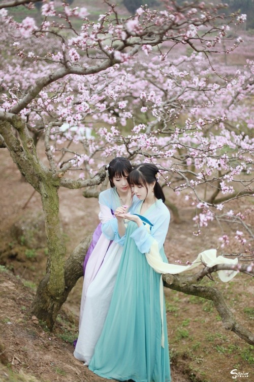 Hanfu (han chinese clothing) photoset via 影子的白日梦. The models are wearing Tang Dynasty-style chest-hi