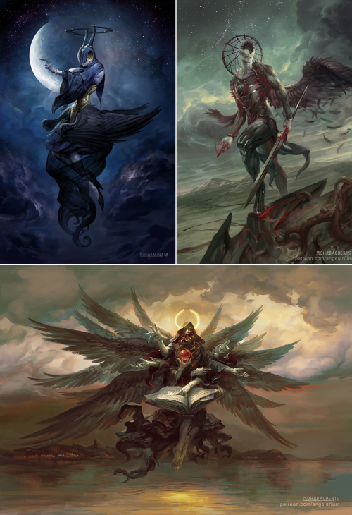 knightofleo:  Peter Mohrbacher | Angelarium  uriel, angel of flame & yesod  gevurah & suphlatus, angel of dustzadkiel, angel of mercy   &   zachriel, angel of memory  kushiel, the rigid one  hasmed, angel of annihilation & binahhod &