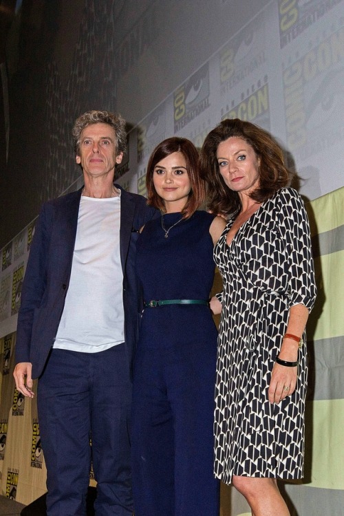 oswincoleman: Jenna Coleman, Peter Capaldi and Michelle Gomez at the San Diego Comic Con, 09.07.2015