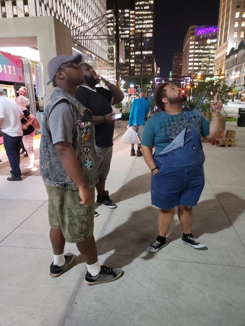 puppersunny:  Few pics from my trip to Detroit… I’m the one in the vest lookin sassy. The one in the overalls is my alpha and in the black shirt is one of my Dads, other one is taking the pic. We are a fun bunch.