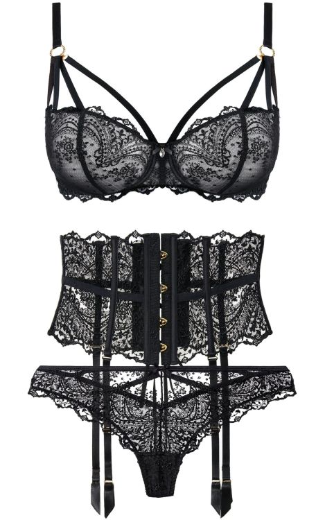 martysimone:  Aubade Paris | Écrin Noir • in Swiss embroidery + gold toned rhinestone embellishments + removable cross-over straps on the bra | Fall Winter 2021-22