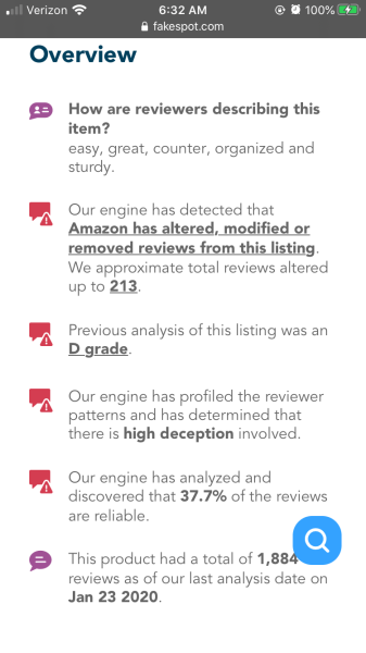 lavenderek:hey guys, fyi if you do online shopping - highly recommend fakespot.comyou paste the direct link to the product into the search bar and it analyzes the reviews to determine whether reviews are accurate and how many positive vs negative reviews
