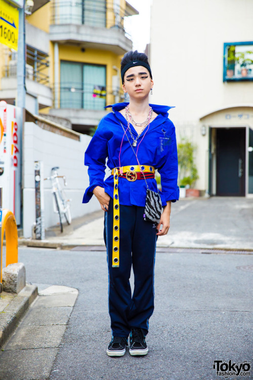 15-year-old Japanese high school student Billi Mayu on the street in Harajuku wearing a belted Eria/