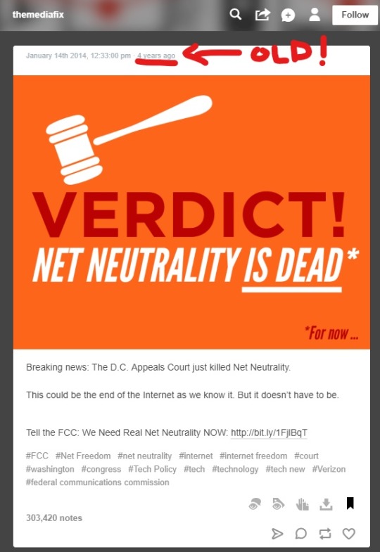 the orange “Net Neutrality is Dead” post with a white gavel was made in 2014