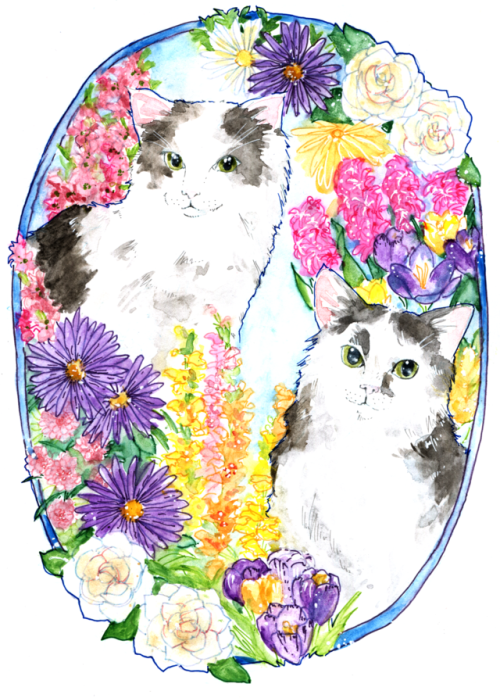 This picture was a gift for a friend. She described her cats as a princess and a meme lord, respecti