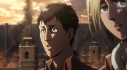 I only managed to grab one screencap, but the flashback to Marco’s death was actually very broken up in the form of Reiner’s sporadic PTSD memories (Shaky camera, intense close-ups and all), so not the full scene that we see much later in the manga.