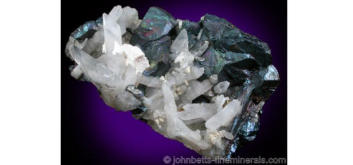 Well-crystallized bornite crystals (up to 1.5cm) intergrown with milky quartz crystals (up to 1.6mm)