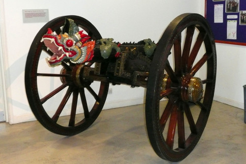 Ornate Chinese 18th century Chinese cannon on display at the Woolwich Arsenal.