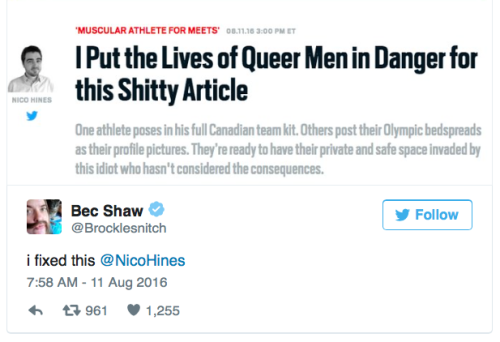 asynca:  micdotcom:  Early on Thursday, The Daily Beast published an article by London editor Nico Hines in which he “reported” on his use of Grindr at the 2016 Rio Olympics. Hines is a straight man, and the article is an unethical mess.  Hines, who