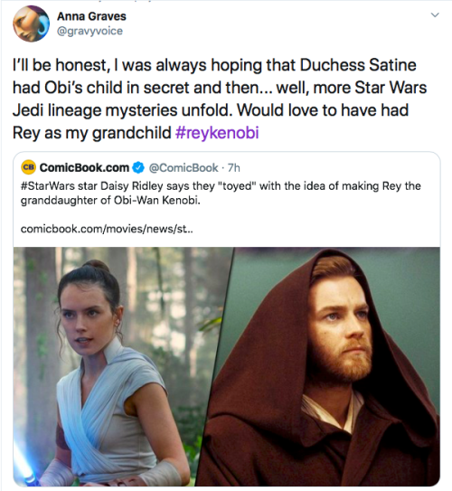 duchess-of-mandalore: The Duchess herself has always been on board with Rey Kenobi!