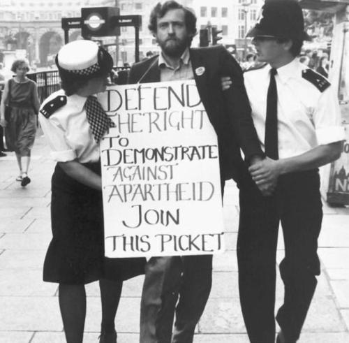 historicaltimes:Jeremy Corbyn at an anti-Apartheid protest in London, 1984 via reddit