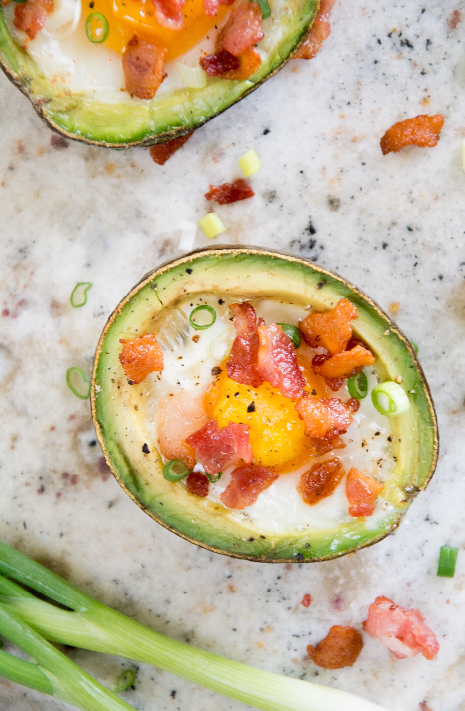 verticalfood:  Avocado Baked Eggs with Bacon and Scallions