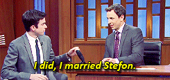 theblogofeternalstench:Seth Meyers will not let you forget that he married Stefon.