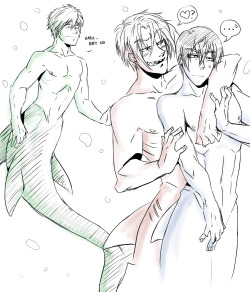 madelezabeth:  So sharkboy Rin apparently heard through the grapevine that dolphins are horny as hell all the time and now he wont leave poor Haru alone Mako get on that shit hes on his way to steal yo man 