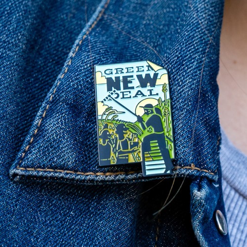 Do you support the #GreenNewDeal? Show it with this limited edition pin, designed by artist @devonbr