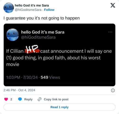 I guarantee you it’s not going to happen pic.twitter.com/I3HKXITaNw
— hello God it’s me Sara (@hiGoditsmeSara) October 4, 2024