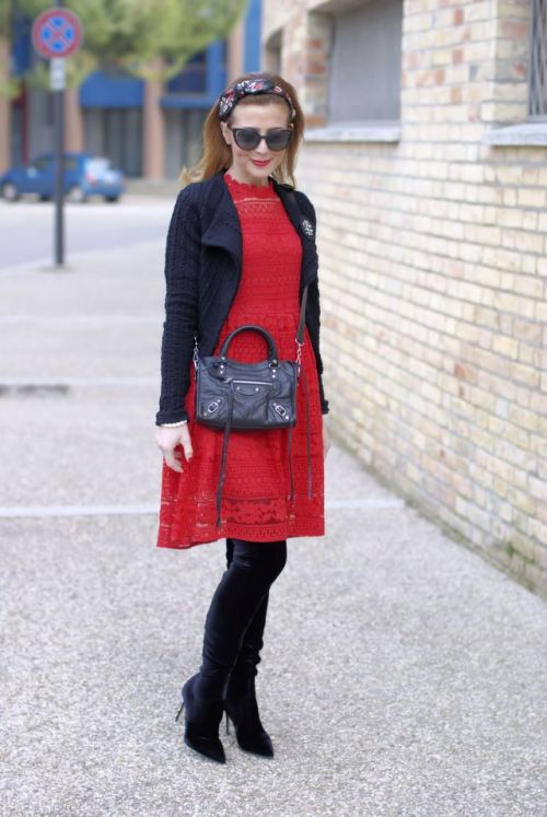 Red lace Dezzal dress and Le Silla boots