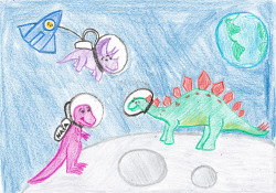 lower-case-numbers:  [Image description: Three astronaut dinosaurs drawn in crayon]For official-pizza-team