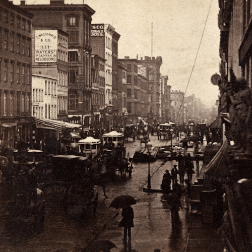 vintage3d:  Broadway, New York, in the rain. 1860s. Orig. images from the Met.