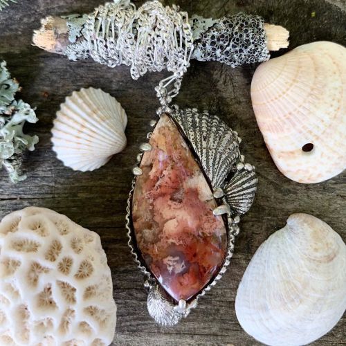 Tidepool collection plume agate reversible pendant #tidepool #shellcollage #beachcomber #lostwaxcast