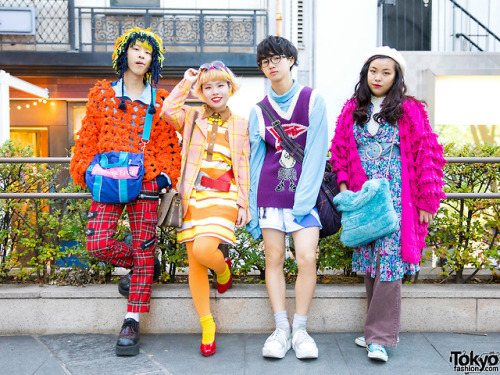 Colorful Japanese teens Towy, Sakurako, Shouta, and Mona on the street in Harajuku wearing vintage f