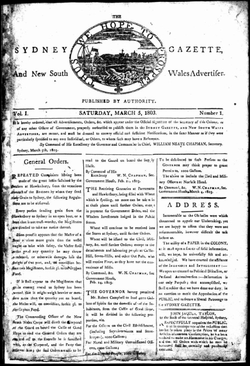 Australia’s first newspaper, The Sydney Gazette and New South Wales Advertiser, was first printed, o