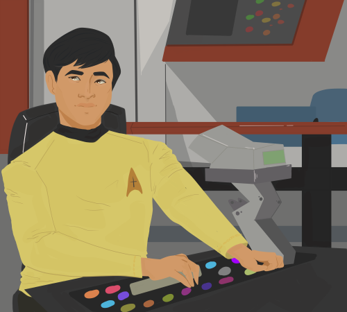 an attempt at sulu. and backgrounds. oof[ID: A drawing of Hikaru Sulu from Star Trek: The Original S