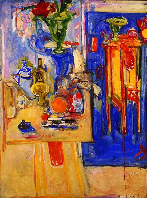 Table with Teakettle, Green Vase and Red Flowers, 1936, Hans HofmannMedium: oil,plywood