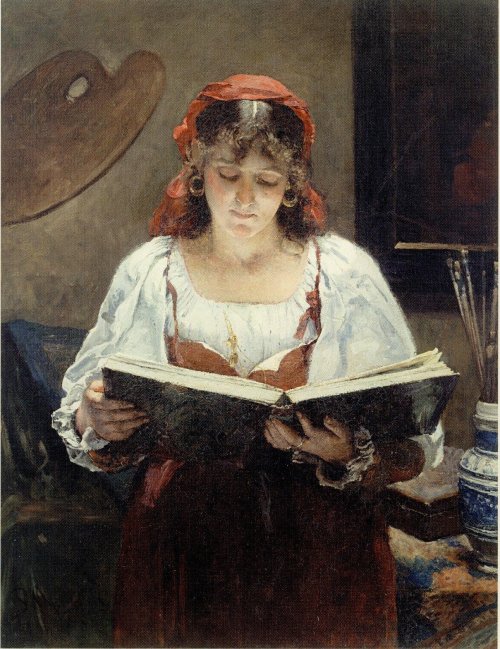 The Prints (1886). Pieter Oyens (Dutch, 1842-1894). Oil on canvas.  An Italian beauty looking a