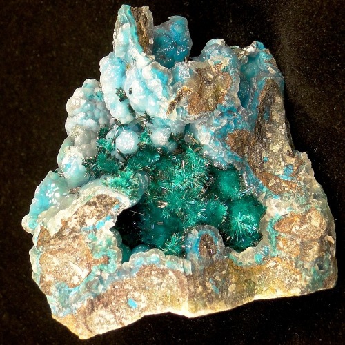 Brochantite on Chalcedony covered Chrysocolla - Los Azules Mine, Quebrada San Miguel, Copiapo, Ataca